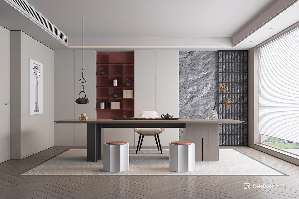 Modern Tea Room Interior With Table Stools And Decor 3d model 