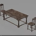 Vintage Wooden Dining Table Set With Two Matching Chairs And Rustic Design 3d model
