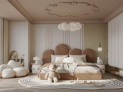 Cozy Pastel Kids Room Interior With Curved Bed Stuffed Bear Round Rug And Pendant Light 3d model