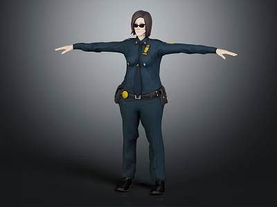 3D Police Character In Blue Uniform With Badge And Belt Gear Arms Outstretched 3d model