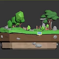 Low Poly Cartoon Scene With Green Grass Trees Stream Rocks And Fence 3d model