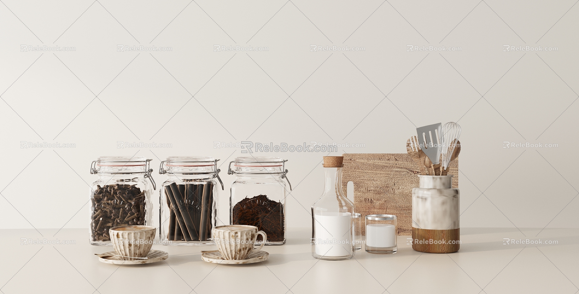 Modern kitchen supplies ornaments combination 3d model