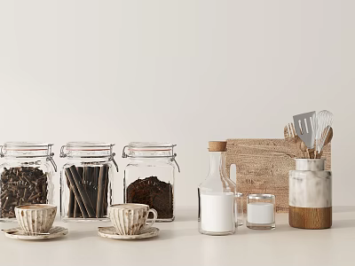Kitchen Utensils Collection With Glass Jars Milk Bottle Coffee Cups Metal Tools And Wooden Tray 3d model