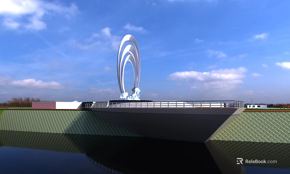 Modern Waterfront Garden Landscape With Creative Circular Public Art Sculpture And Spacious Viewing Platform 3d model 