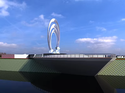Modern Waterfront Garden Landscape With Creative Circular Public Art Sculpture And Spacious Viewing Platform 3d model