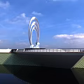 Modern Waterfront Garden Landscape With Creative Circular Public Art Sculpture And Spacious Viewing Platform