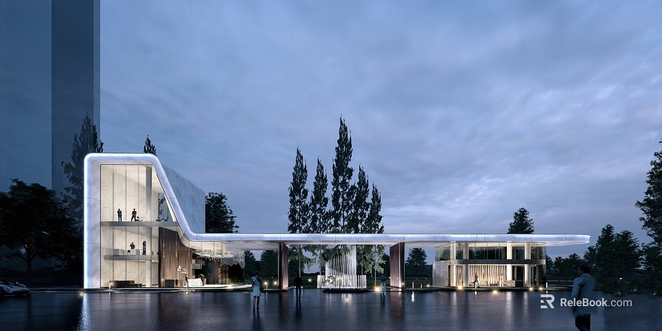 Modern Sales Center Building With Glass Curtain Wall And Water Reflection At Dusk 3d model 