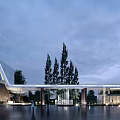 Modern Sales Center Building With Glass Curtain Wall And Water Reflection At Dusk