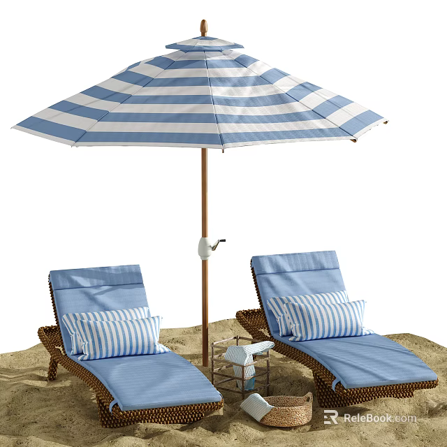 Blue Wicker Lounge Chairs With Striped Pillows Under Beach Umbrella On Sand 3d model 