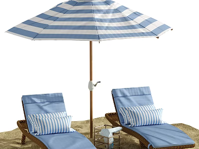 Blue Wicker Lounge Chairs With Striped Pillows Under Beach Umbrella On Sand 3d model