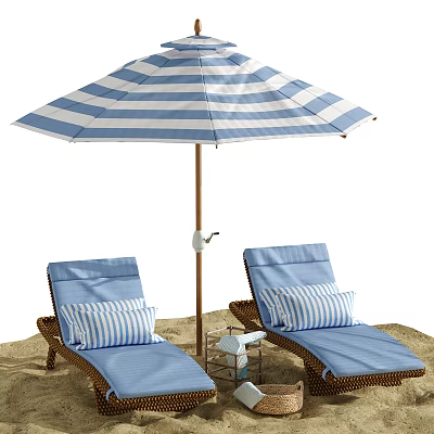 Blue Wicker Lounge Chairs With Striped Pillows Under Beach Umbrella On Sand 3d model