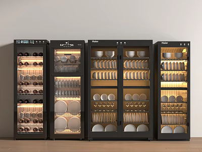 Modern Black Kitchen Storage Cabinets With Glass Doors Interior Lighting For Organized Dishes And Cups 3d model