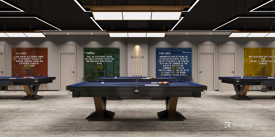 Modern Billiard Room Interior With Pool Table And Decorative Walls 3d model