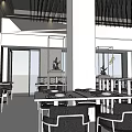 Mall Shop Modern Restaurant With Large Glass Windows And Dining Tables Chairs