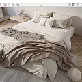 Modern Double Bed Interior With Neutral Tones Soft Blanket Pillows Area Rug And Wooden Floor