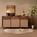 Wooden Entryway Cabinet Sideboard With Rattan Doors Table Lamp Green Plant And Round Rug
