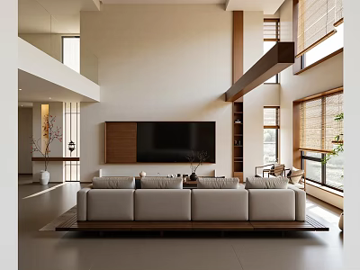 Modern Duplex Living Room Interior With Spacious Layout Large Windows And Sofa 3d model