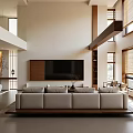 Modern Duplex Living Room Interior With Spacious Layout Large Windows And Sofa