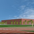 School Building With Red Brick Green Lawn Palm Trees Red Running Track And White Lines