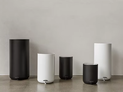 Public Facility Waste Bins Various Sizes Black And White Cylindrical Against Gray Wall On Floor 3d model