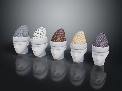 Five Stylish Hats With Various Colors And Patterns On White Mannequin Heads With Reflections 3d model