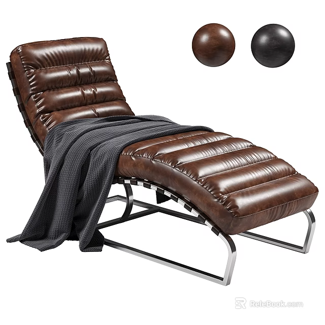 Brown Leather Chaise Lounge Sofa Stool With Gray Blanket And Metal Frame Design 3d model 