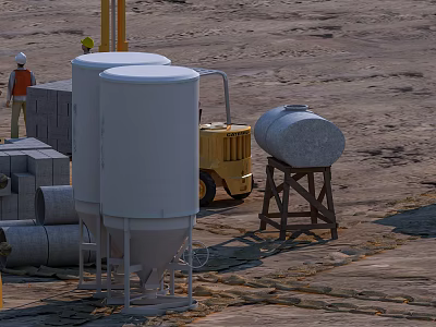 Heavy Duty Industrial Equipment Featuring White Silos Yellow Forklift And Gray Drums At Construction Site 3d model