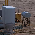 Heavy Duty Industrial Equipment Featuring White Silos Yellow Forklift And Gray Drums At Construction Site