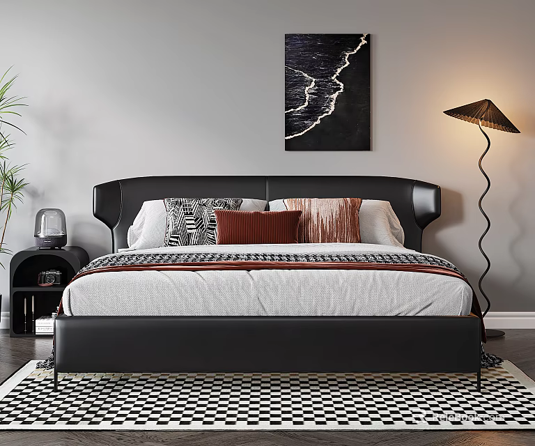 Stylish Modern Double Bed with Black Headboard Pillows Floor Lamp and Wall Art in Bedroom 3d model 