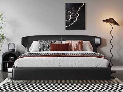 Stylish Modern Double Bed with Black Headboard Pillows Floor Lamp and Wall Art in Bedroom 3d model