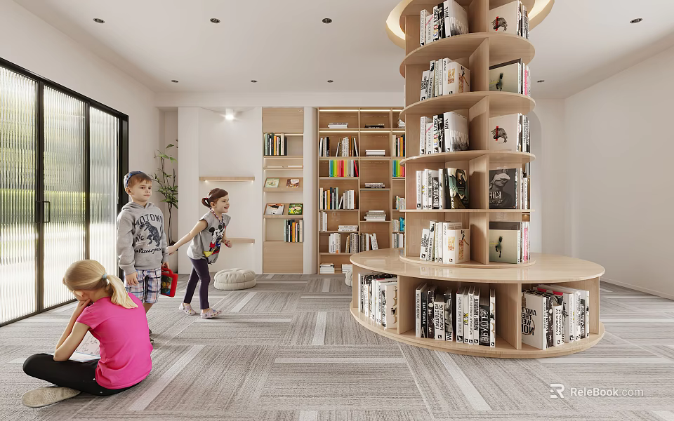 Bright Interior Of Kids Reading Space With Circular And Regular Bookshelves 3d model 