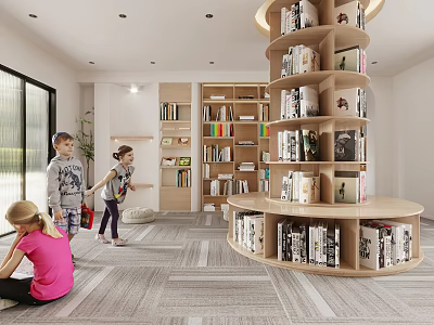 Bright Interior Of Kids Reading Space With Circular And Regular Bookshelves 3d model