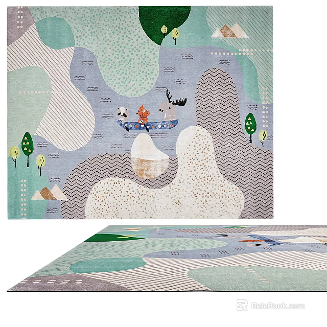 Colorful Square Rug with Cartoon Animals Trees and Geometric Shapes for Kids Room Decor 3d model 