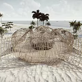 Woven Outdoor Chair on Beach with Unique Structure Blue Sky and White Clouds