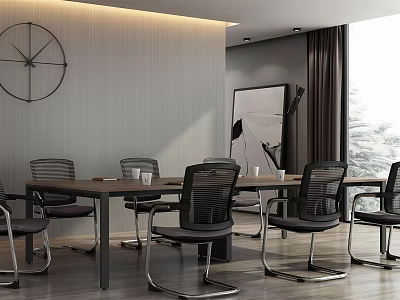 Modern Conference Table With Black Mesh Chairs And Gray Wall Decor Natural Light From Window 3d model