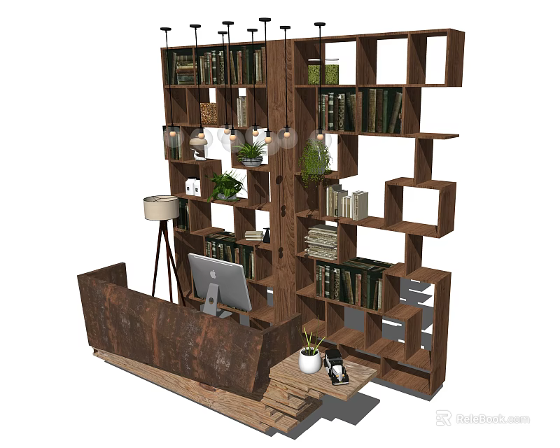 Modern Reception Desk With Layered Wooden Bookshelves Potted Plants And Computer 3d model 