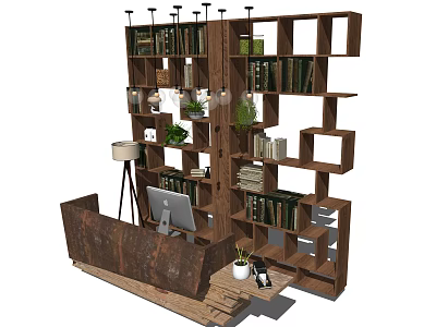 Modern Reception Desk With Layered Wooden Bookshelves Potted Plants And Computer 3d model