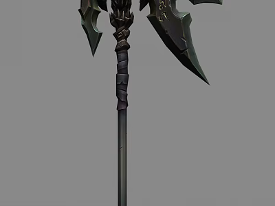 Dark Ornate Battle Axe Weapon With Sharp Blades And Intricate Handle Design 3d model