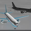 Black Passenger Airplane Flying in Sky and Light Blue Airliner Parked on Ground