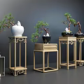 Bonsai Plants Display On Wooden Stands With Ceramic Pots In Interior