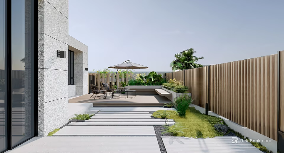 Modern Home Balcony Design With Outdoor Dining Set Umbrella And Green Plants 3d model 
