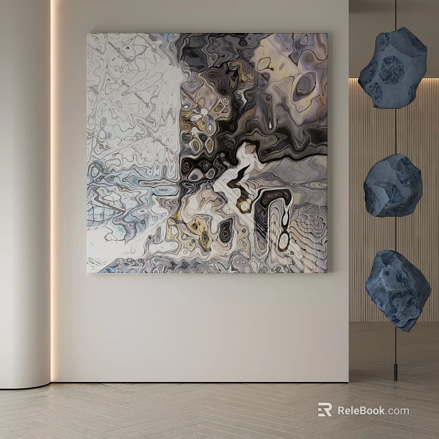 Modern Abstract Painting With Swirling Gray White Black Patterns And Hanging Blue Stones 3d model 