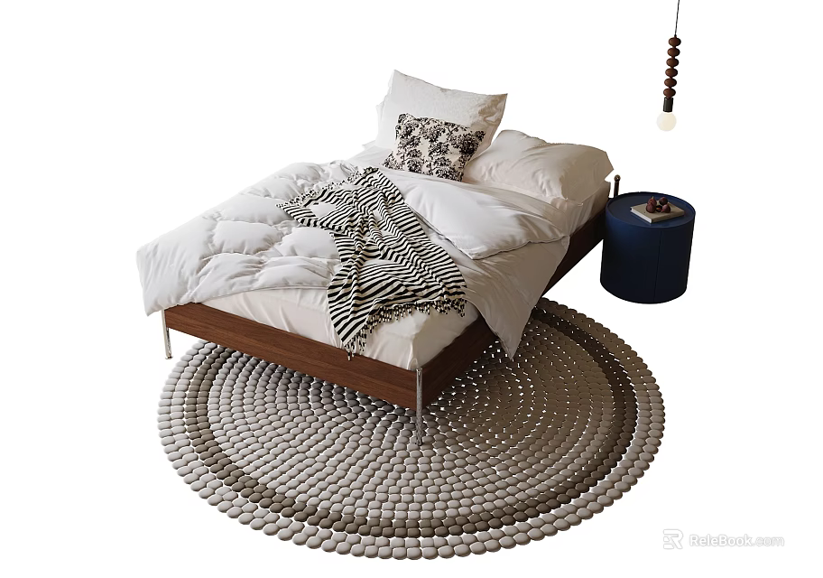 Children's Wooden Bed With White Bedding Zebra Print Blanket Blue Nightstand And Round Woven Rug 3d model 