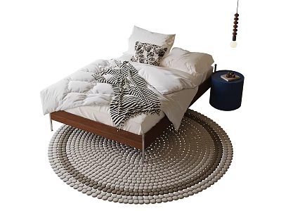Children's Wooden Bed With White Bedding Zebra Print Blanket Blue Nightstand And Round Woven Rug 3d model