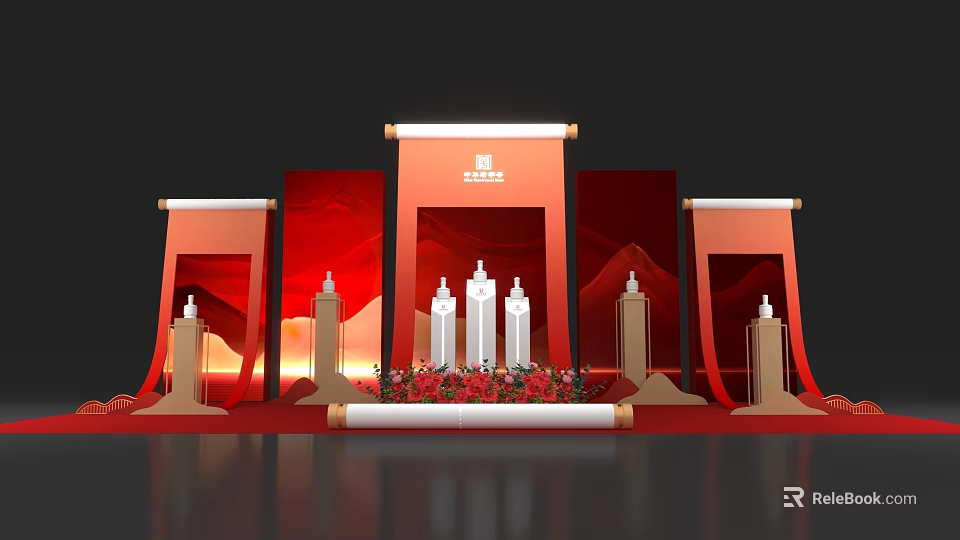 Ceremonial Stage Decoration With Red Backdrop Scroll Ornaments White Building Models And Floral Arrangement 3d model 