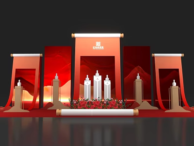 Ceremonial Stage Decoration With Red Backdrop Scroll Ornaments White Building Models And Floral Arrangement 3d model
