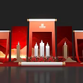 Ceremonial Stage Decoration With Red Backdrop Scroll Ornaments White Building Models And Floral Arrangement