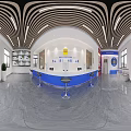 Modern Service Hall Interior Design With Service Counters Bright Lighting Large Windows And Marble Floor