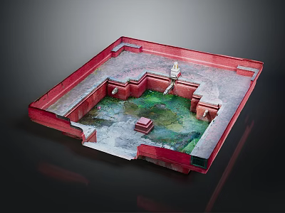 Architectural Model Of Garden With Red Border Green Water Feature And Central Tower 3d model