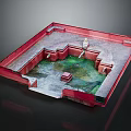 Architectural Model Of Garden With Red Border Green Water Feature And Central Tower